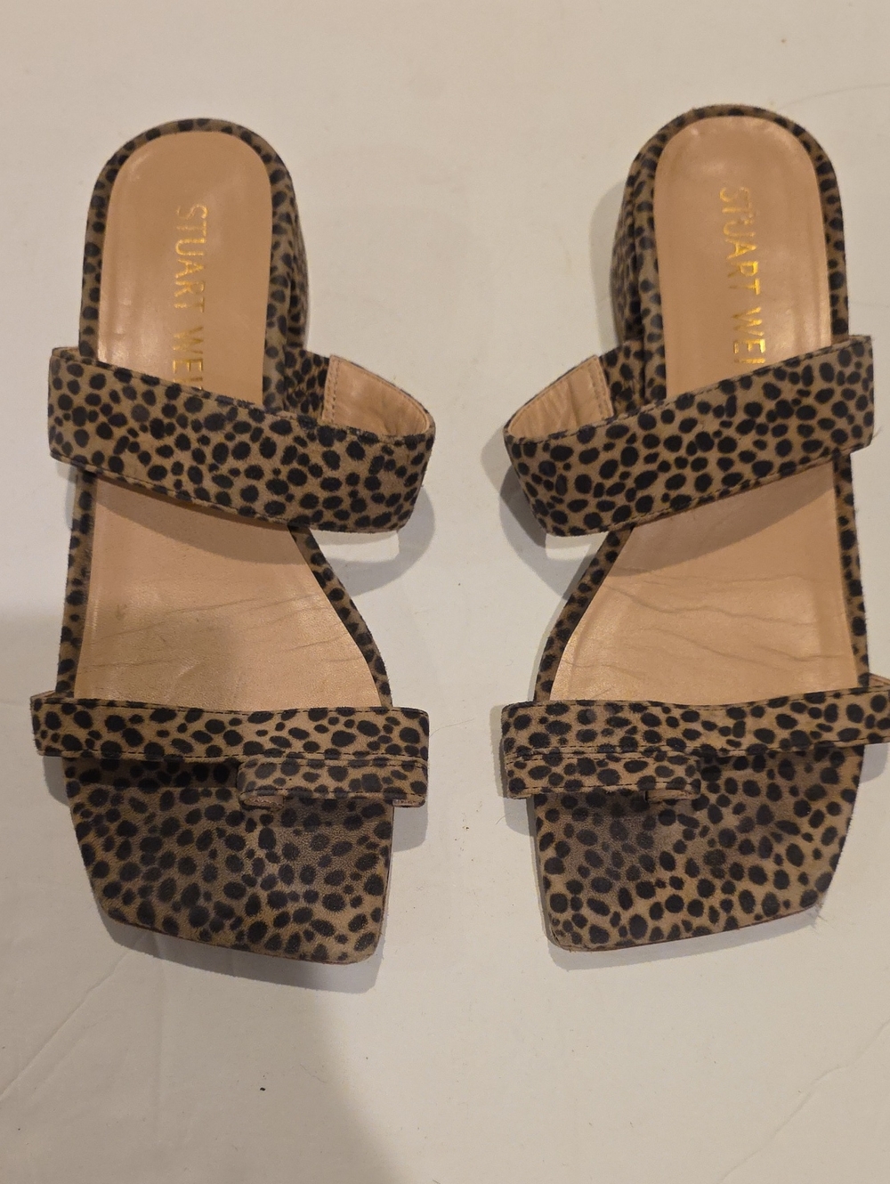 Stuart Weitzman Leopard Print Block Heel Sandals Square Toe Trendy Size 9 Shoes - Picture 1 of 9